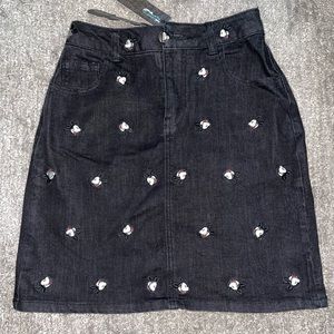 Brand New W/Tags Size 0 Embroidered Mickey Mouse Black Denim Skirt by Cakeworthy